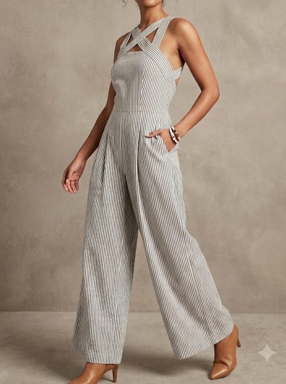 4SI3NNA Striped Wide Leg Jumpsuit S Halter Criss Cross Back Pockets White Black - Picture 1 of 16